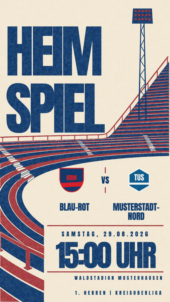 Spielankündigung im Design Kurve, SV Blau-Rot Musterhausen