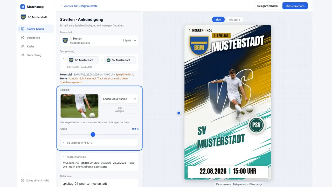 Matchsnap im neuen Editor: links die Angaben, rechts die Spieltagsgrafik